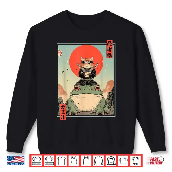 Sweatshirt Japanese Ninja Cat and Frog Retro Anime Style Graphic Shirt