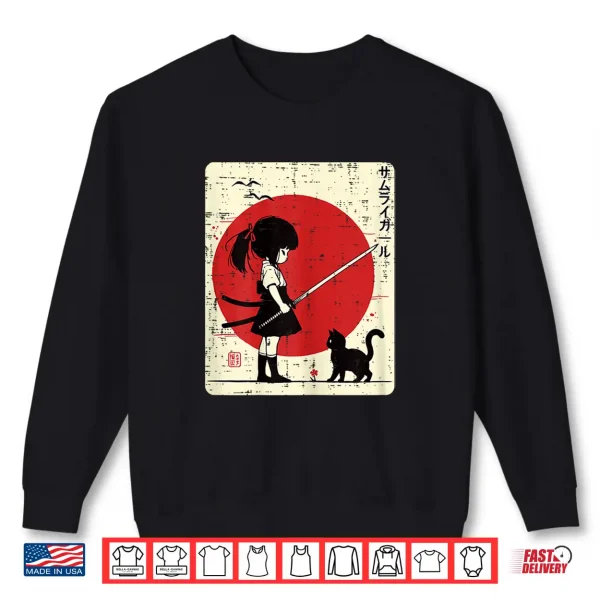 Sweatshirt Japanese Samurai Girl Black Cat Kawaii Anime Girls Kid Women Shirt