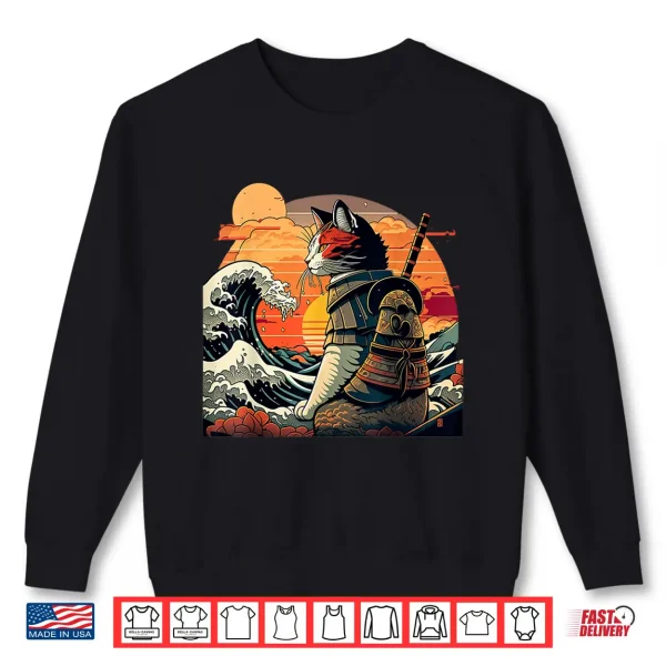 Sweatshirt Japanese retro samurai cat The Great Wave by Hokusai Shirt