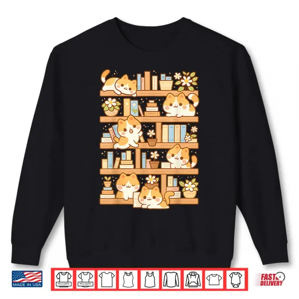 Sweatshirt Kawaii Bookshelf Cat Readers Bookworms Librarian Books Lover Shirt