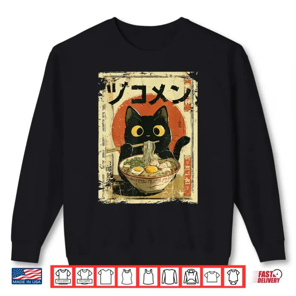 Sweatshirt Kawaii Cat Eating Ramen Noodles Funny vintage Japanese Anime Shirt