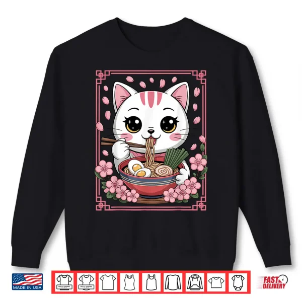 Sweatshirt Kawaii Cat Eating Ramen Noodles Japanese Anime Girls Teens Shirt