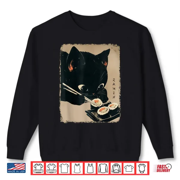 Sweatshirt Kawaii Cat Eating Sushi Funny Japanese Anime Cute Cat Girls Shirt