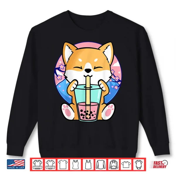 Sweatshirt Kawaii Corgi Dog Bubble Tea Boba Anime Neko Japanese Kids Shirt 2