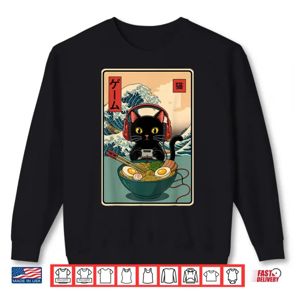 Sweatshirt Kawaii Gamer Cat Ramen Retro Japanese Funny Cat Gaming Shirt