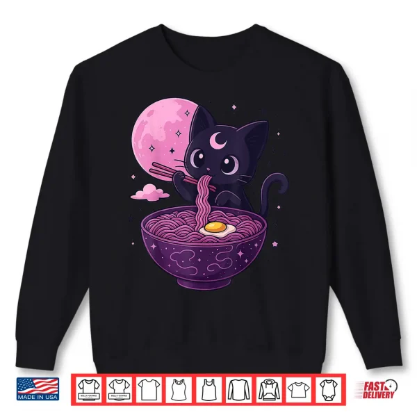 Sweatshirt Kawaii Pastel Goth Cat Eating Ramen Under Moon Japanese Shirt