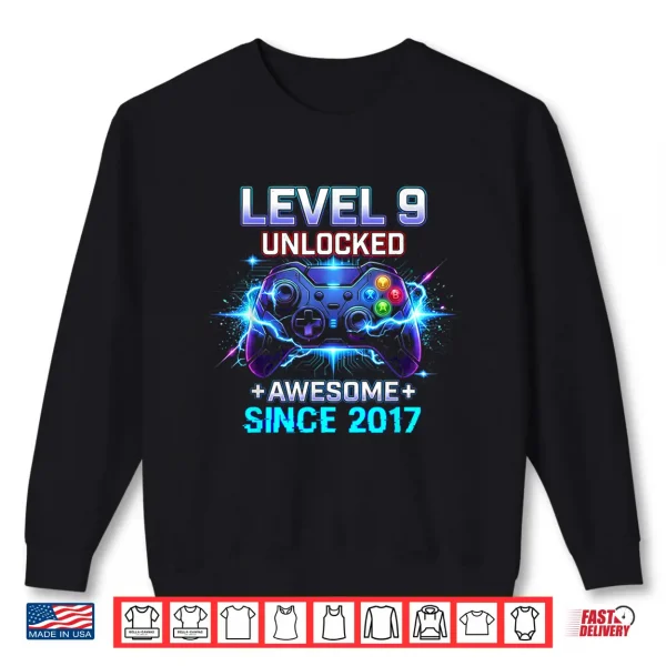 Sweatshirt Level 9 Unlocked Awesome Since 2017 9th Birthday Boy Gamer Shirt