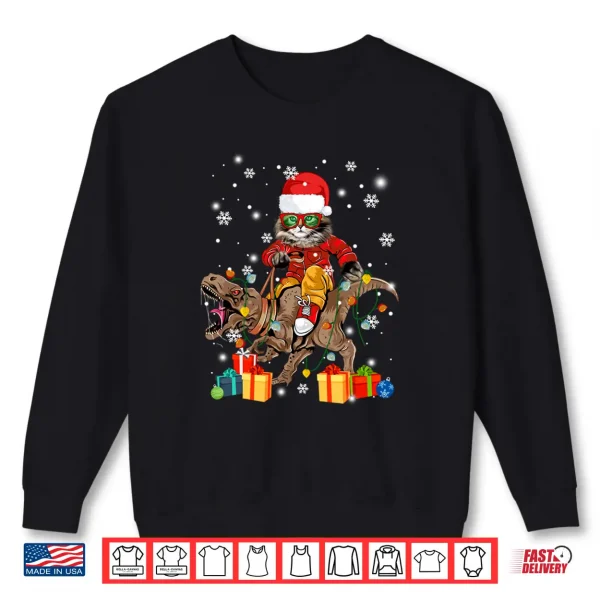 Sweatshirt Maine Coon Cat Riding T rex Funny Christmas Dino Cat Lovers Shirt