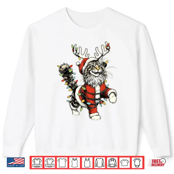 Sweatshirt Maine Coon Cat Santa Hat Christmas Tree Light Pajamas Mom Shirt