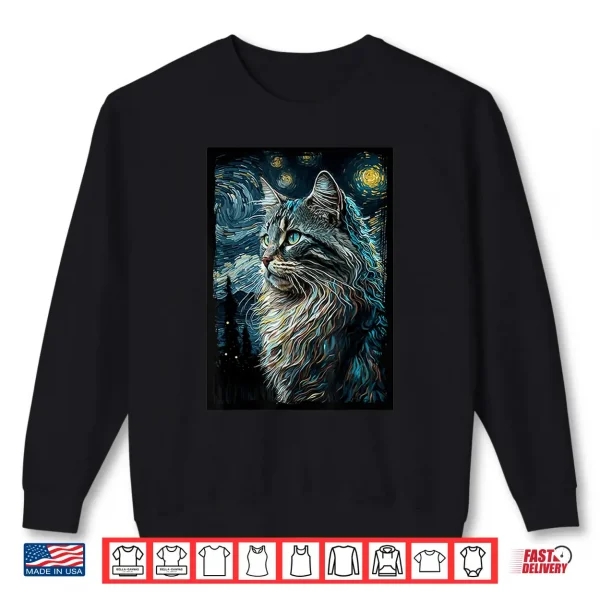 Sweatshirt Maine Coon Cat Van Goghs Starry Night Cat Lover Cat Mom Dad Shirt