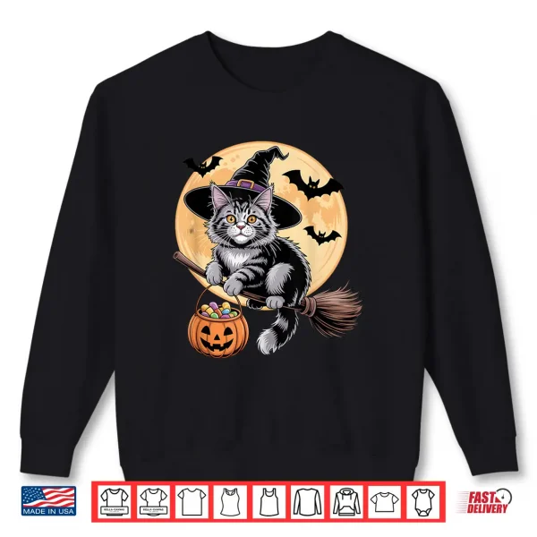 Sweatshirt Maine Coon Cat Witch Hat Pumpkin Halloween Costume Men Women Shirt