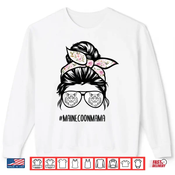 Sweatshirt Maine Coon Cat mom messy bun hair glasses Shirt