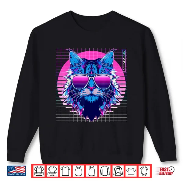 Sweatshirt Maine Coon Sunglasses Cat Vaporwave Aesthetic Retro Shirt
