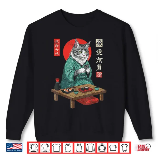 Sweatshirt Maine Coon Sushi Cat in Kimono and Smartphone Japanese Art Shirt