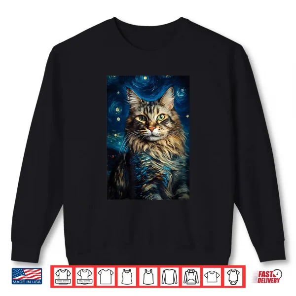 Sweatshirt Maine Coon cat painting kitten Van Gogh art Starry Night sky Shirt