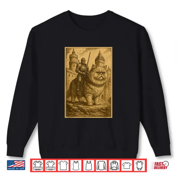Sweatshirt Medieval Knight Riding a Persian Cat Rider Surreal Feline Shirt