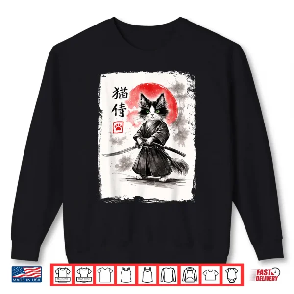 Sweatshirt Neko Samurai Under Full Moon Japanese Warrior Anime Shirt