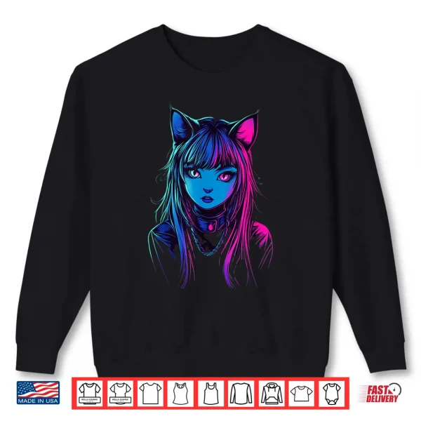 Sweatshirt Neon Anime Cat Girl Furry Style Art for Teens Kawaii Cosplay Shirt