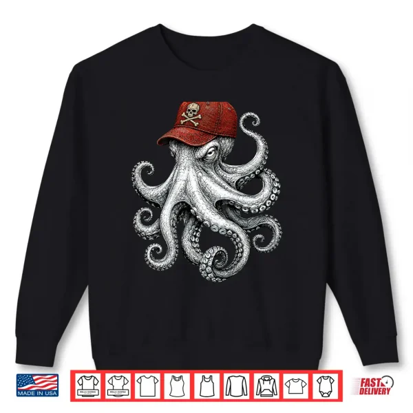 Sweatshirt On Back Octopus with Skull and Crossbones Cap Pirate Octopus Shirt