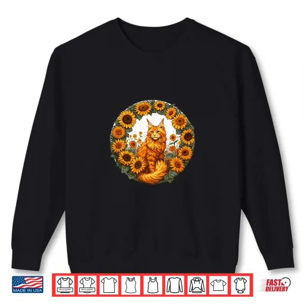 Sweatshirt Orange Maine Coon Cat art and sunflowers Shirt