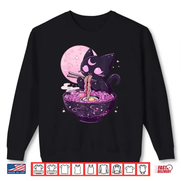 Sweatshirt Pastel Goth Aesthetic Kawaii Creepy Cat Eating Ramen Noodles Shirt