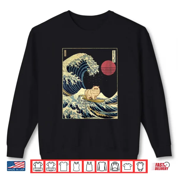 Sweatshirt Persian Cat Japanese Kanagawa Wave Funny Surf Animal Shirt