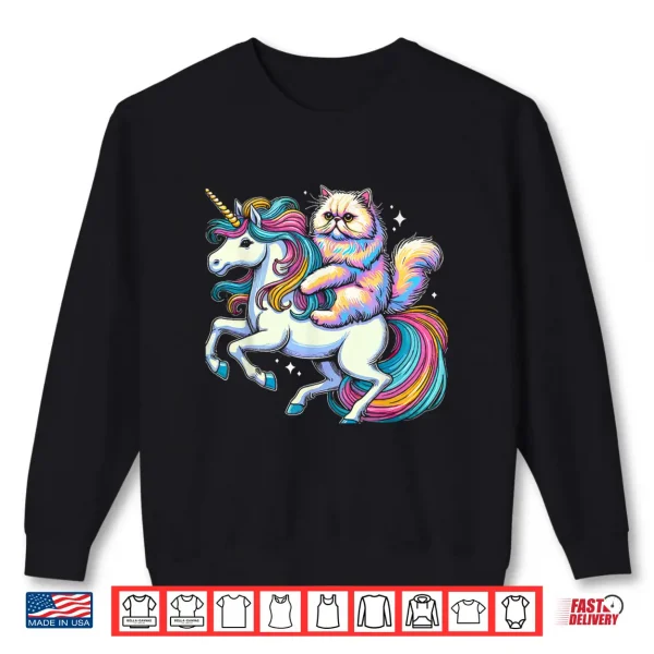Sweatshirt Persian Cat Riding Unicorn Magical Adventure Shirt