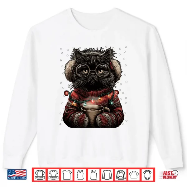 Sweatshirt Persian Cat in Glasses Christmas Lights Coffee Winter Kitten Shirt