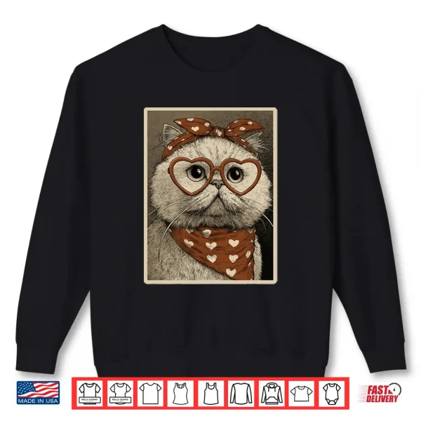 Sweatshirt Persian Cat with Hearts Glasses Valentines Kitten Coquette Shirt
