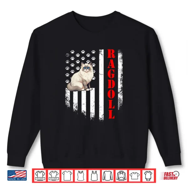 Sweatshirt Ragdoll Cat American Flag Paw Print Patriotic Graphic Tee Shirt