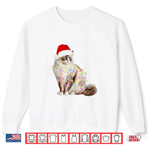 Sweatshirt Ragdoll Cat Wrapped in Christmas Lights and Santa Hat Shirt