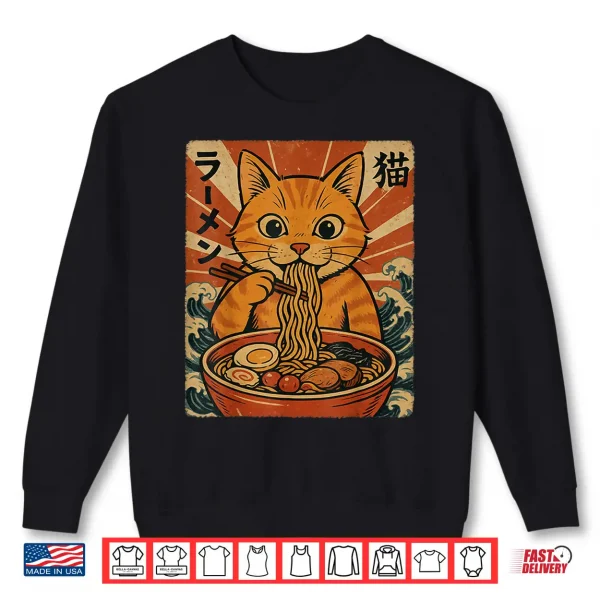 Sweatshirt Ramen Noodles Orange Cat Japanese Anime Kawaii Cat Retro Shirt