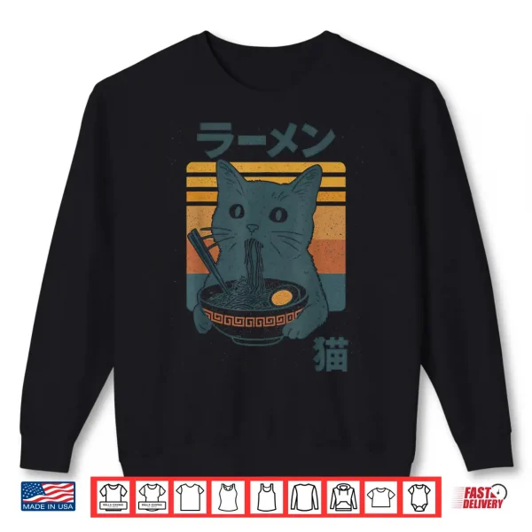 Sweatshirt Retro Cat Eating Ramen Noodles Anime Girls Boys Men Women Shirt
