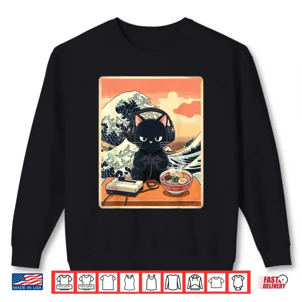 Sweatshirt Retro Gamer Cat with Ramen Great Wave for Anime Fans Shirt