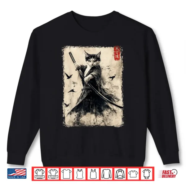 Sweatshirt Samurai Cat Graphic Tee Warrior Vintage Japanese Art Anime Shirt