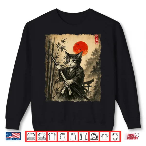 Sweatshirt Samurai Cat Japanese Art Men Boys Funny Graphic Tee Anime Shirt
