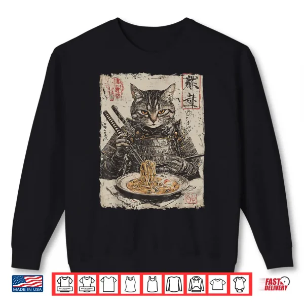Sweatshirt Samurai Cat Loves Ramen Funny Anime Japanese Artwork Samurai Shirt