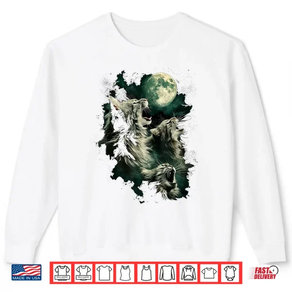 Sweatshirt Three Maine Coons Howling at the Moon 3 Hungry Cats Meowing Shirt