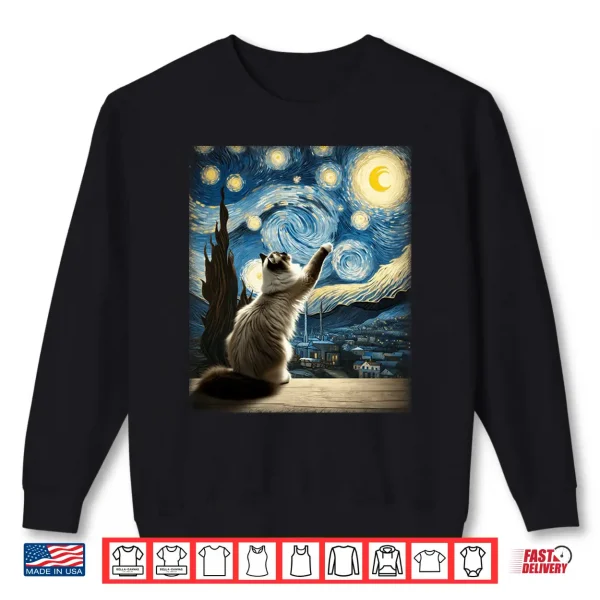 Sweatshirt Van Gogh Starry Night Moon Artistic Pet Lover Ragdoll Cat Shirt