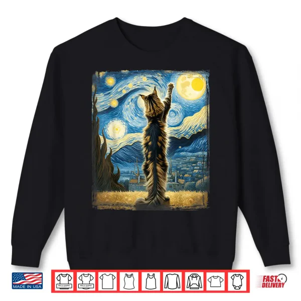 Sweatshirt Van Gogh Starry Night Style Artistic Maine Coon Cat Shirt