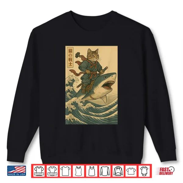 Sweatshirt Vintage Anime Cat Japanese Funny Samurai Cat Riding Shark Shirt
