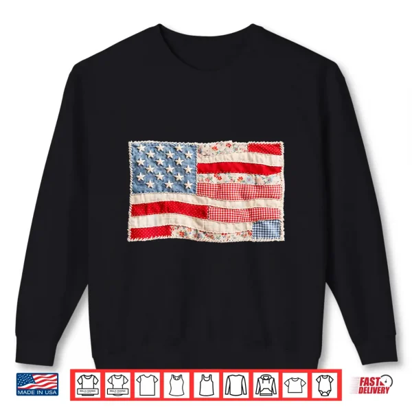 Sweatshirt Vintage Faux Patchwork US Flag Patriotic Print 4th of July Shirt