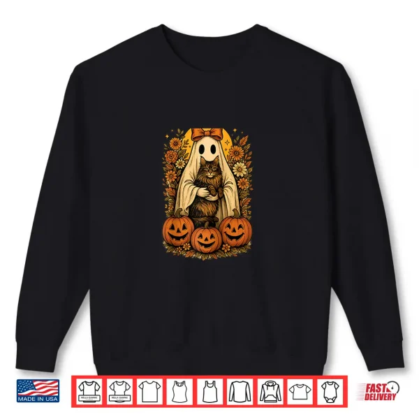 Sweatshirt Vintage Ghost Holding Maine Coon Cat with Pumpkins Halloween Shirt