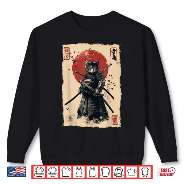 Sweatshirt Vintage Japanese Art anime graphic samurai cat warrior Shirt