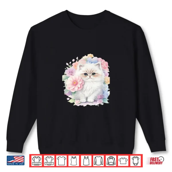 Sweatshirt White Persian Cat With Pastel Flowers Shirt