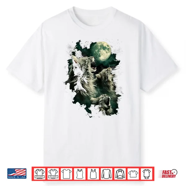 Three Maine Coons Howling At The Moon 3 Hungry Cats Meowing Shirt