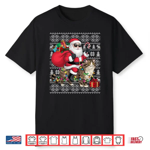 Ugly Xmas Sweater Style Santa Riding Persian Cat Christmas Shirt