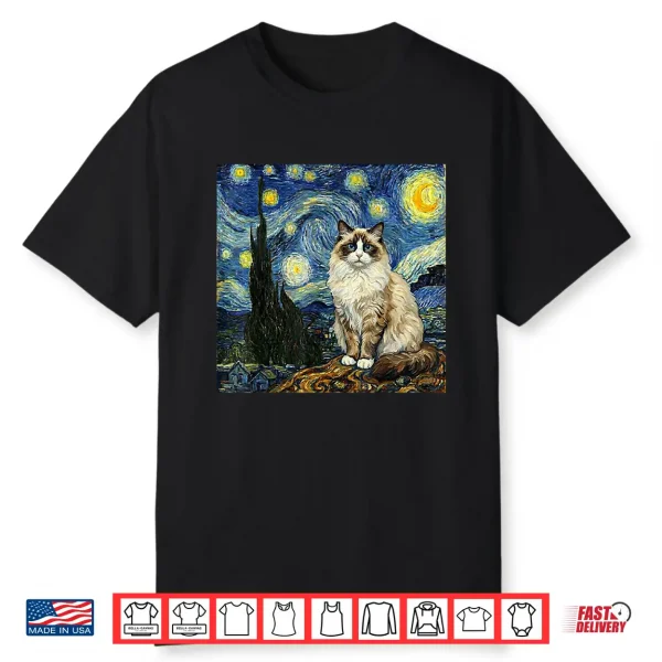 Van Gogh Art Starry Night Funny Ragdoll Cat Artistic Shirt