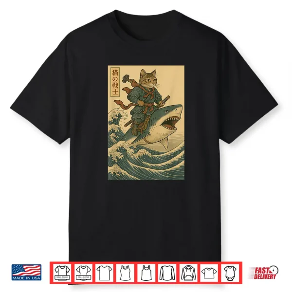Vintage Anime Cat Japanese Funny Samurai Cat Riding Shark Shirt