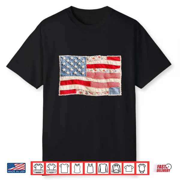 Vintage Faux Patchwork Us Flag Patriotic Print 4Th Of July Shirt